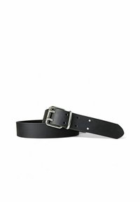 Black leather belt with silver double-prong buckle, multiple adjustment holes, laid flat against white background.