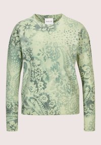 Lichtgroene lange mouwen trui met een subtiele bloemen- en paisleydruk in donkerdere groentinten, ronde halslijn en geribde manchetten.