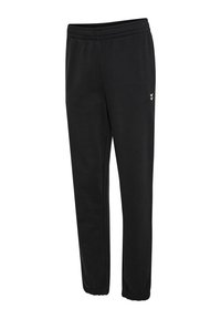 Pantalon de jogging noir avec taille et chevilles élastiques, petit logo blanc sur la partie supérieure de la cuisse, conçu pour un usage décontracté ou sportif.