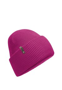 Knit beanie in vibrant pink with a ribbed texture. Features a decorative patch with a logo on a contrasting dark band.
