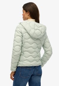 Gewatteerde hooded jacket in pastelgroen met golvende textuurnaden, voorzien van een rits en een aangesloten silhouette. Gecombineerd met blauwe denim jeans.