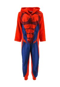 Red and blue children's onesie with Spider-Man costume design, long sleeves, hood, front zipper, and soft fabric.