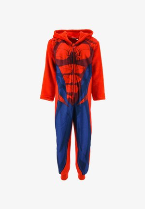 Red and blue children's onesie with Spider-Man costume design, long sleeves, hood, front zipper, and soft fabric.