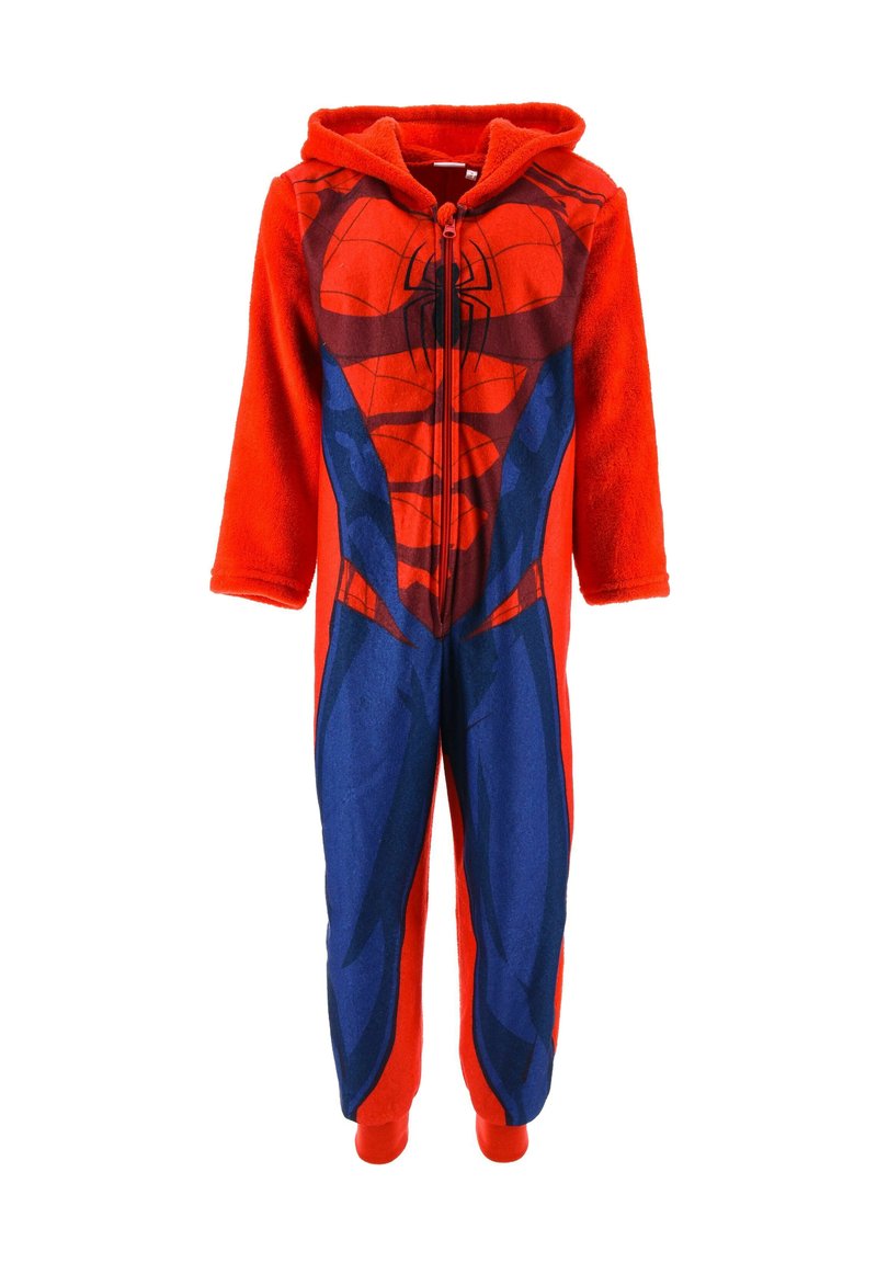 Red and blue children's onesie with Spider-Man costume design, long sleeves, hood, front zipper, and soft fabric.