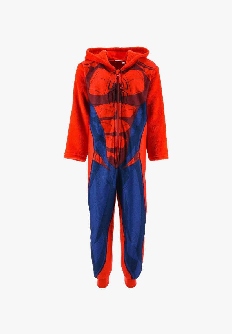 Roter und blauer Kinder-Overall mit Spider-Man-Kostümdesign, langen Ärmeln, Kapuze, Frontreißverschluss und weichem Stoff.