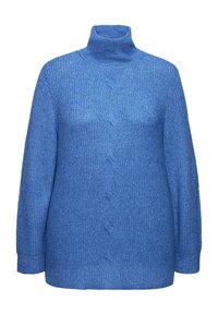 Blauer Rollkragenpullover mit strukturiertem Strickmuster und Zopfmuster in der Mitte. Verfügt über lange Ärmel und eine entspannte Passform.