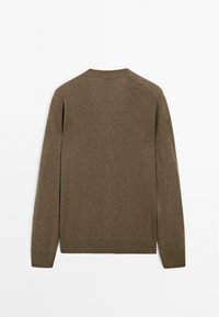 Maglione marrone a maglia con maniche lunghe, colletto girocollo e polsini a coste. Texture morbida con design della schiena senza cuciture.