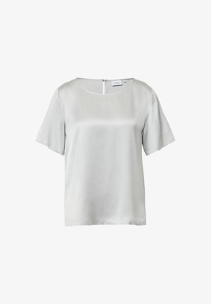 Seidiges, hellgraues Kurzarmoberteil mit einem runden Ausschnitt und einem Reißverschluss auf der Rückseite. Glatte Textur und lockerer Schnitt.