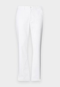 Białe bawełniane spodnie o prostym kroju, z bocznymi kieszeniami, zapięciem na guzik i minimalistycznym designem. Brak widocznych wzorów czy akcentów.