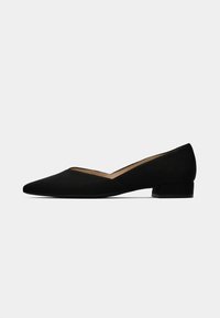 Black flat shoes with a pointed toe and a subtle V-cut design. Made of soft suede with a low block heel, featuring a smooth inner lining.