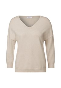 Beige gestrickter Pullover mit V-Ausschnitt, fallenden Schultern und langen Ärmeln. Besitzt eine weiche Textur sowie Rippbündchen und Saum.