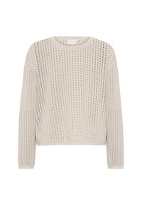 Jasnobeżowy krótki sweter dzianinowy o luźnym kroju, okrągłym dekolcie i ażurowym wzorze dla lepszej wentylacji. Miękka tekstura z długimi rękawami.