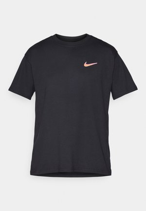 Black short-sleeve t-shirt with round neck and small orange Nike swoosh logo on the left chest.