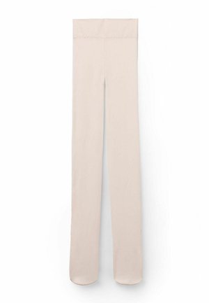 Pantaloni in tessuto beige chiaro, con una vita alta e gambe dritte con una finitura liscia. Nessun motivo visibile o abbellimenti.