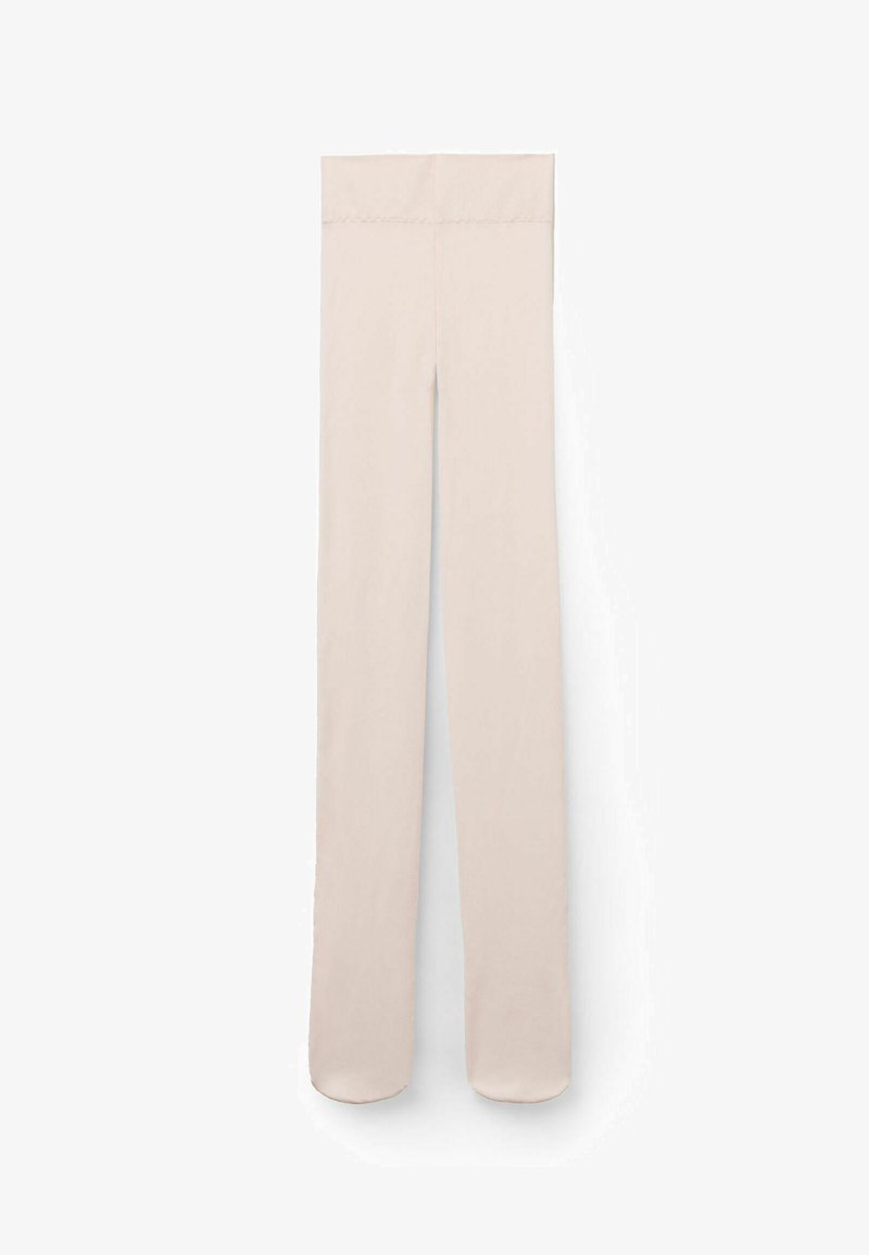Pantaloni in tessuto beige chiaro, con una vita alta e gambe dritte con una finitura liscia. Nessun motivo visibile o abbellimenti.
