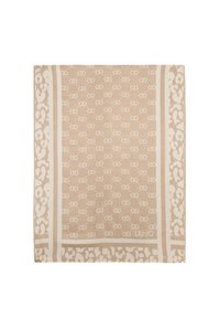 Beige Schal mit gewebter Textur, der ein wiederkehrendes Logo-Muster und einen kontrastierenden Rand mit floralem Design aufweist.