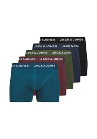 Five pairs of men's boxer briefs in varying colors: teal, burgundy, olive green, navy blue, and black with contrasting white waistband.
