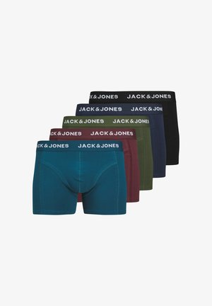 Five pairs of men's boxer briefs in varying colors: teal, burgundy, olive green, navy blue, and black with contrasting white waistband.
