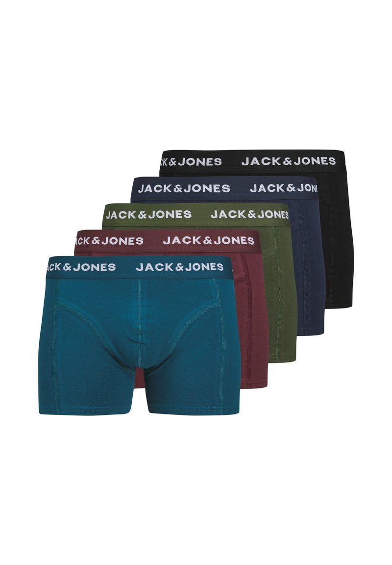 Five pairs of men's boxer briefs in varying colors: teal, burgundy, olive green, navy blue, and black with contrasting white waistband.