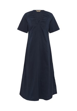 Sötétkék ruha rövid ujjakkal, V nyakkivágással és elől redőzött részletekkel. Puha anyagból készült, a sziluettje áramló A-vonalú.