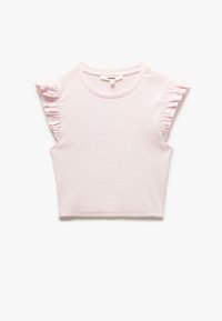 Lichtroze cropped top met gerimpelde mouwen, gemaakt van zacht ribbelstof. Ronde halslijn en een nette zoomontwerp, zonder aanvullende patronen.