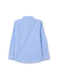 Camicia a maniche lunghe di colore azzurro chiaro con ricamo di piccole palme verdi. Design con colletto, polsini con bottoni e orlo curvo.