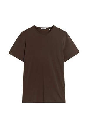Gładka, ciemno brązowa, krótko rękawowa koszulka typu crew neck położona na białym tle, przedstawiająca stronę przednią.
