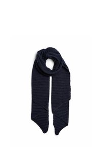 Écharpe en tricot côtelé bleu marine avec un design torsadé et des extrémités pointues, fabriquée à partir d'un tissu doux pour la chaleur et la texture.