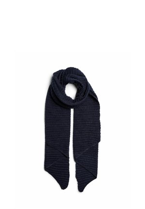 Mørkeblå ribstrikket tørklæde med tvistet design og spidse ender, lavet af blødt stof for varme og tekstur.