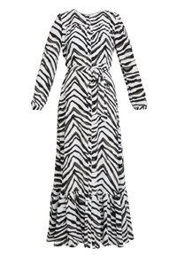 Maxiklänning i svart och vit zebramönster med långa ärmar, knapplist fram, avgränsad midjeband och volang nederkant. Tillverkad av ett lättviktigt tyg.