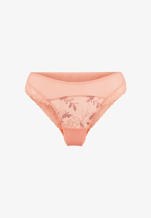 Culottes en dentelle pêche avec des broderies florales à l'avant, dotées d'une taille lisse et d'accents texturés sur les côtés.