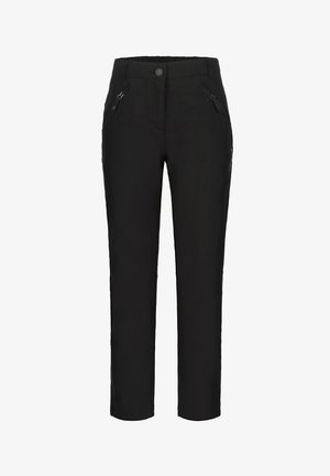 Czarne spodnie o gładkiej teksturze, z zapięciem na guziki, dwiema kieszeniami na zamek i dopasowanym kroju. Płaskie szwy wzdłuż nogawek.