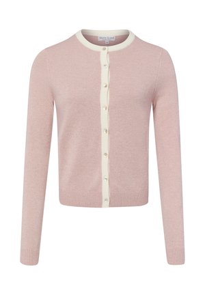 Lichtroze cardigan met lange mouwen, witte bies en kleine parelknopjes aan de voorkant, geribbelde boorden en zoom.