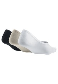 Drei Paar tief ausgeschnittene Socken in Schwarz, Beige und Weiß. Jedes Paar zeichnet sich durch eine glatte Textur und elastische Öffnungen für einen angenehmen Sitz aus.