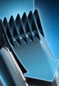 Testa di rifinitore elettrico con accenti neri e blu; presenta una base testurizzata, lame affilate e un design ergonomico per un taglio preciso.