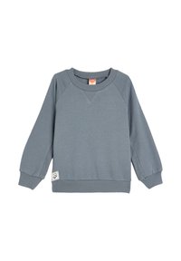 Sudadera de manga larga para toddler en gris-azulado con puños y dobladillo acanalados, cuello redondo y un pequeño parche cerca de la parte inferior izquierda.