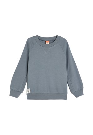 Long-sleeve gray-blue toddler sweatshirt with ribbed cuffs and hem, crew neck, and a small patch near the bottom left.