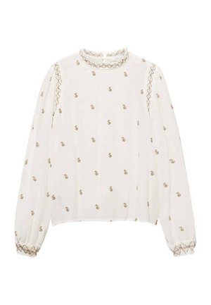 White blouse with long sleeves, embroidered gold floral pattern, high neck with lace trim, and gathered cuffs. Lightweight, semi-sheer fabric.