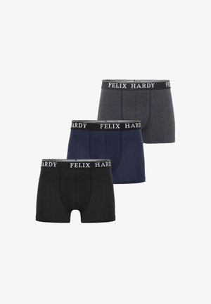 Kolm paari bokserite pükse mustas, tumedas hallis ja mereväe sinises värvitoonis. Omavad elastset vöökohta, millel on valge "FELIX HARDY" logo. Sile kangatekstuur.