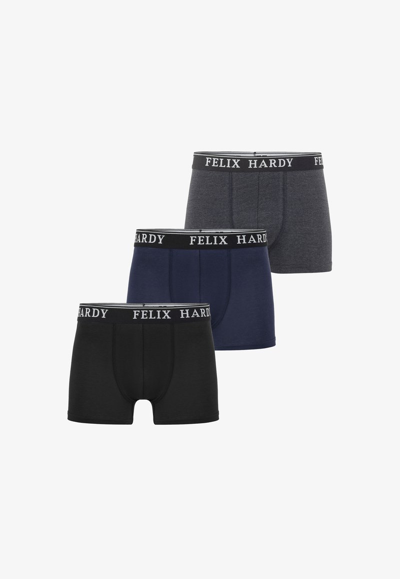 Tre paia di boxer in nero, grigio scuro e blu navy. Presentano una cintura elastica con il logo "FELIX HARDY" in bianco. Tessuto dal tocco liscio.