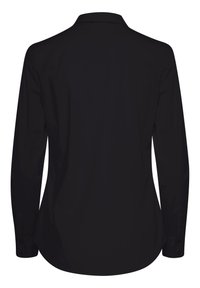 Long-sleeve black shirt with a button-down collar, featuring a smooth texture and rounded hem. Detailed back view with no visible logos or patterns.