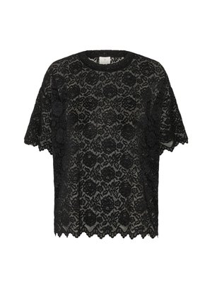 Top in pizzo nero con scollatura rotonda, maniche corte, motivo floreale e orlo scallop. Il materiale è trasparente con una finitura testurizzata.