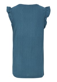 Top in tessuto blu con texture, maniche a volant e collo rotondo, orlo dritto, realizzato in un tessuto leggero.