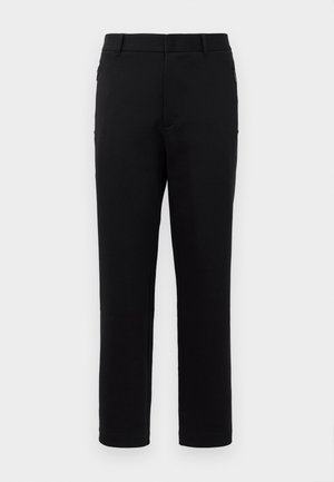 Svarte bukser med rette ben, laget av glatt stoff. Har midje med normal høyde og sidelommer. Minimalistisk stil uten mønstre.
