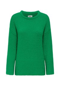 Suéter de punto verde con un cuello redondo, dobladillo con canalé y mangas largas. La textura parece suave y ligeramente difusa.