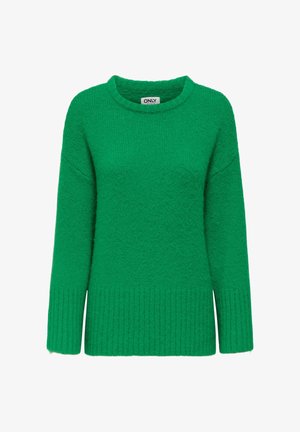 Suéter de punto verde con un cuello redondo, dobladillo con canalé y mangas largas. La textura parece suave y ligeramente difusa.