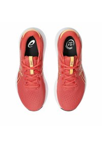 Un par de zapatillas de correr de color rojo coral con acentos amarillos y suelas blancas, vistas desde arriba sobre un fondo blanco.