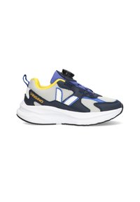 Urheilusneakerit, joissa on harmaa verkkopinta, tummansiniset ja keltaiset yksityiskohdat, valkoinen välipohja ja ainutlaatuinen nupun nauhoitusjärjestelmä säätömahdollisuuksilla.