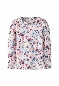 Langärmliges Shirt aus hellrotem Baumwollstoff mit floralem Muster in lila, blau und korallenfarbenen Tönen; runder Ausschnitt und geraffte Schultern.