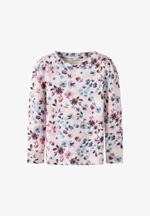 Lange mouw shirt van lichtroze katoen met een bloemmotief in paarse, blauwe en koraalkleurige tinten; ronde halslijn en geplooide schouders.